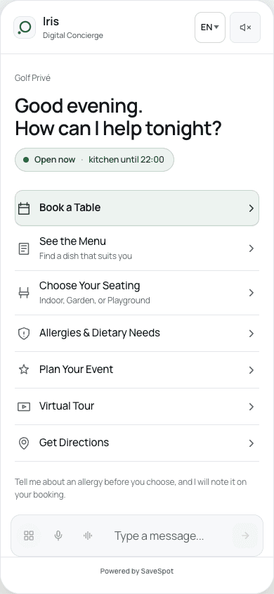 Iris welcome at Golf Privé, with booking, menu and seating actions.
