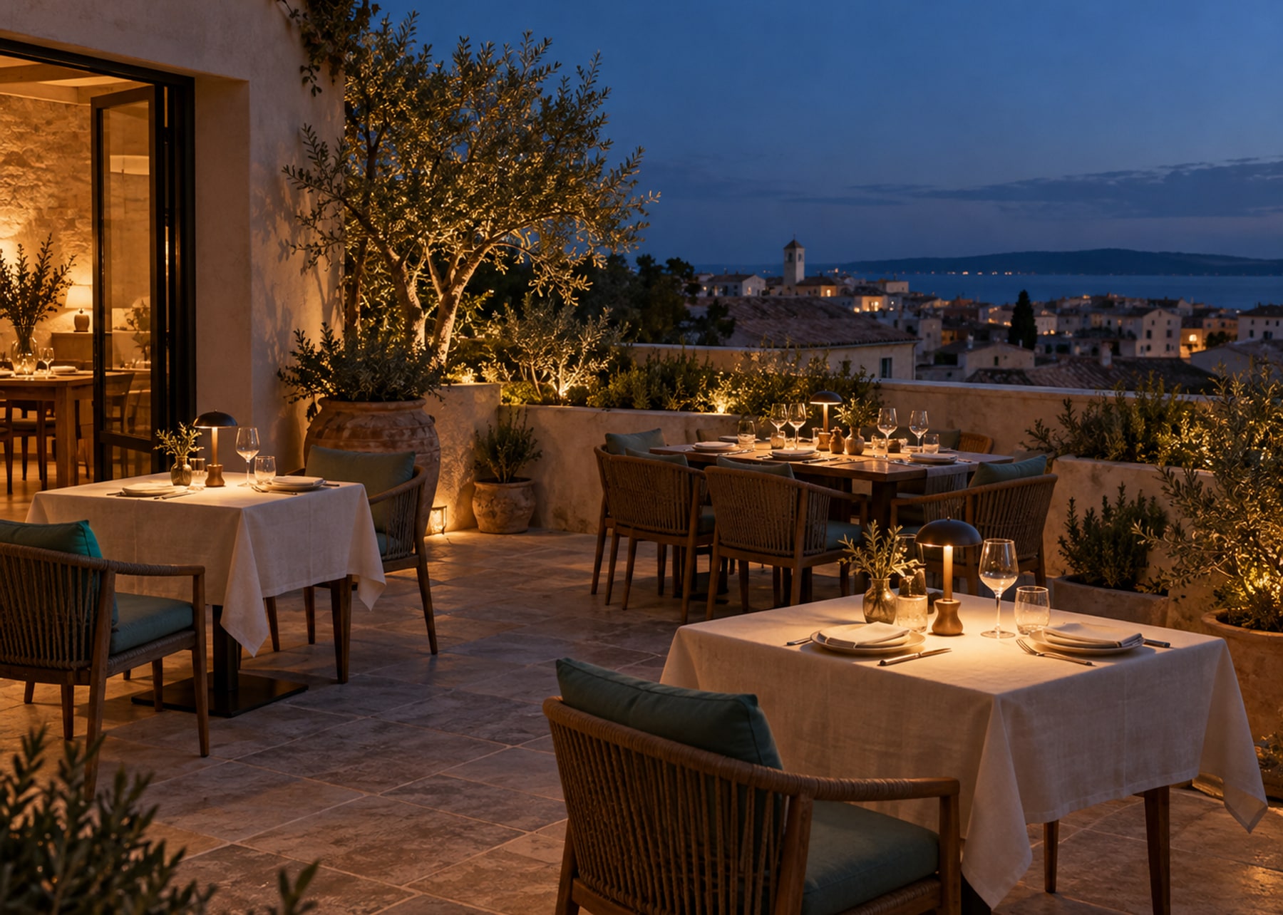 A restaurant terrace lit for dinner at dusk