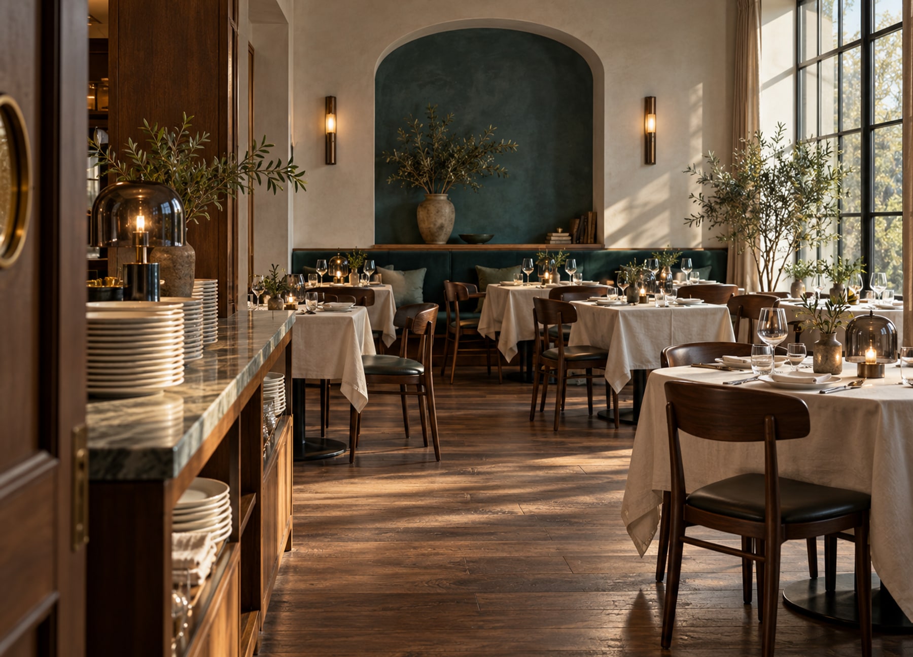 A spacious dining hall with neatly arranged tables