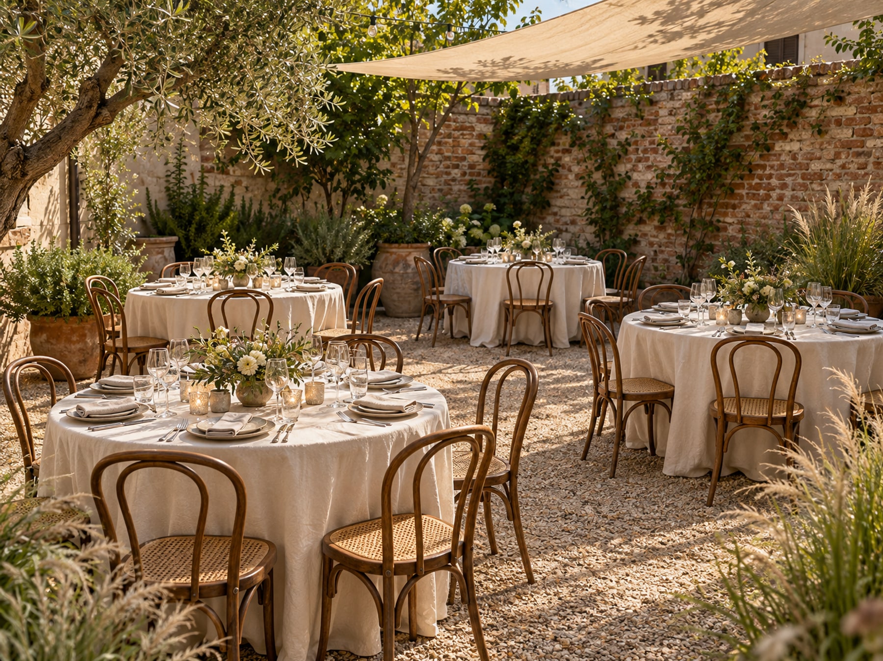 A courtyard dining area prepared for a private event