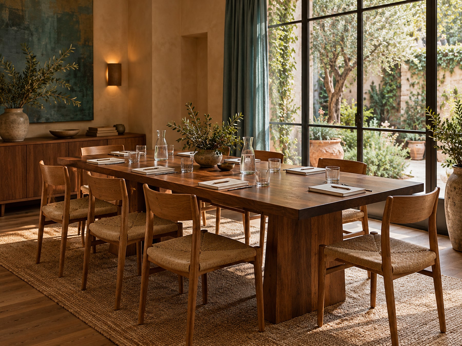 A hospitality meeting room with notebooks and water glasses
