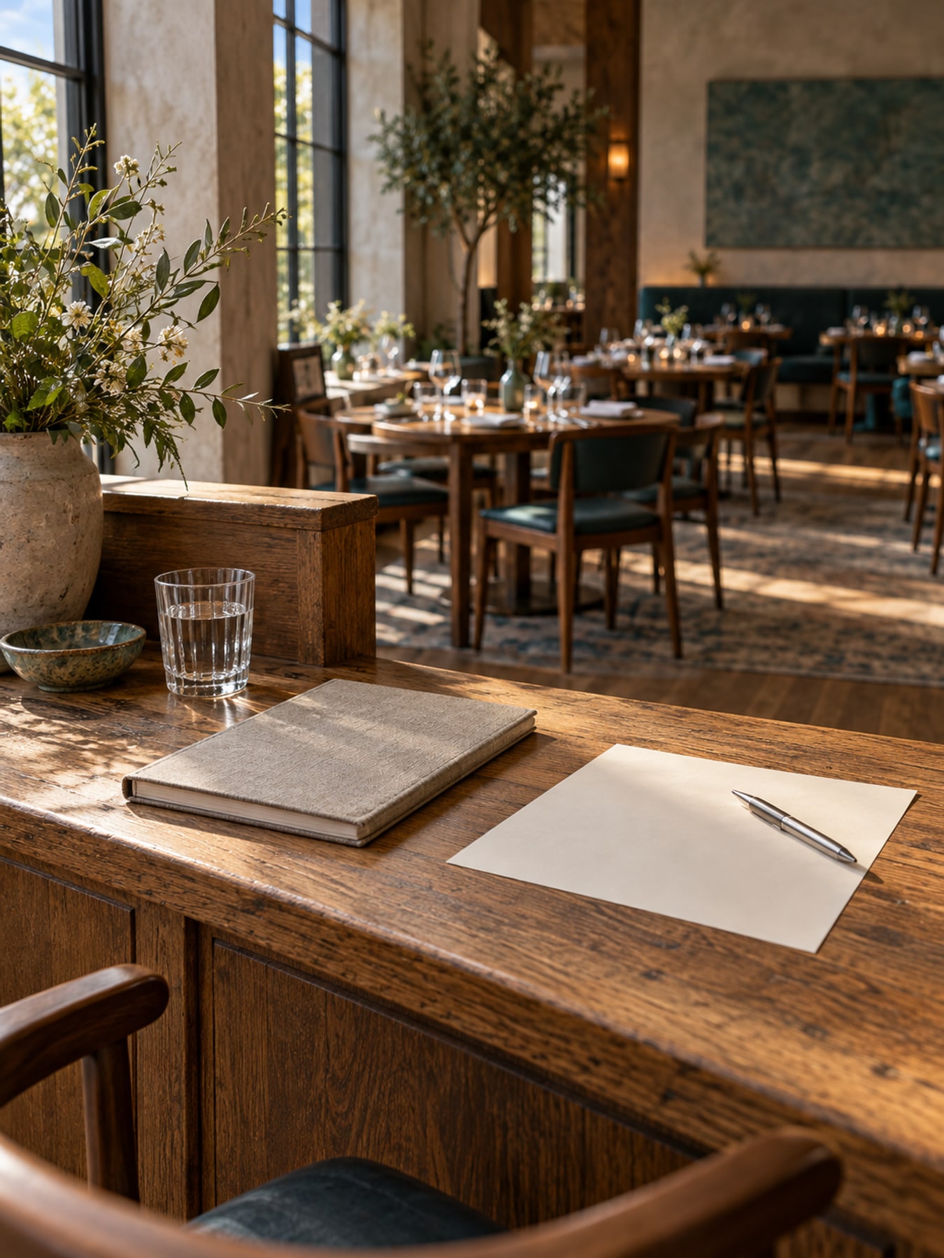 A restaurant service station prepared with linen, glasses and notepads