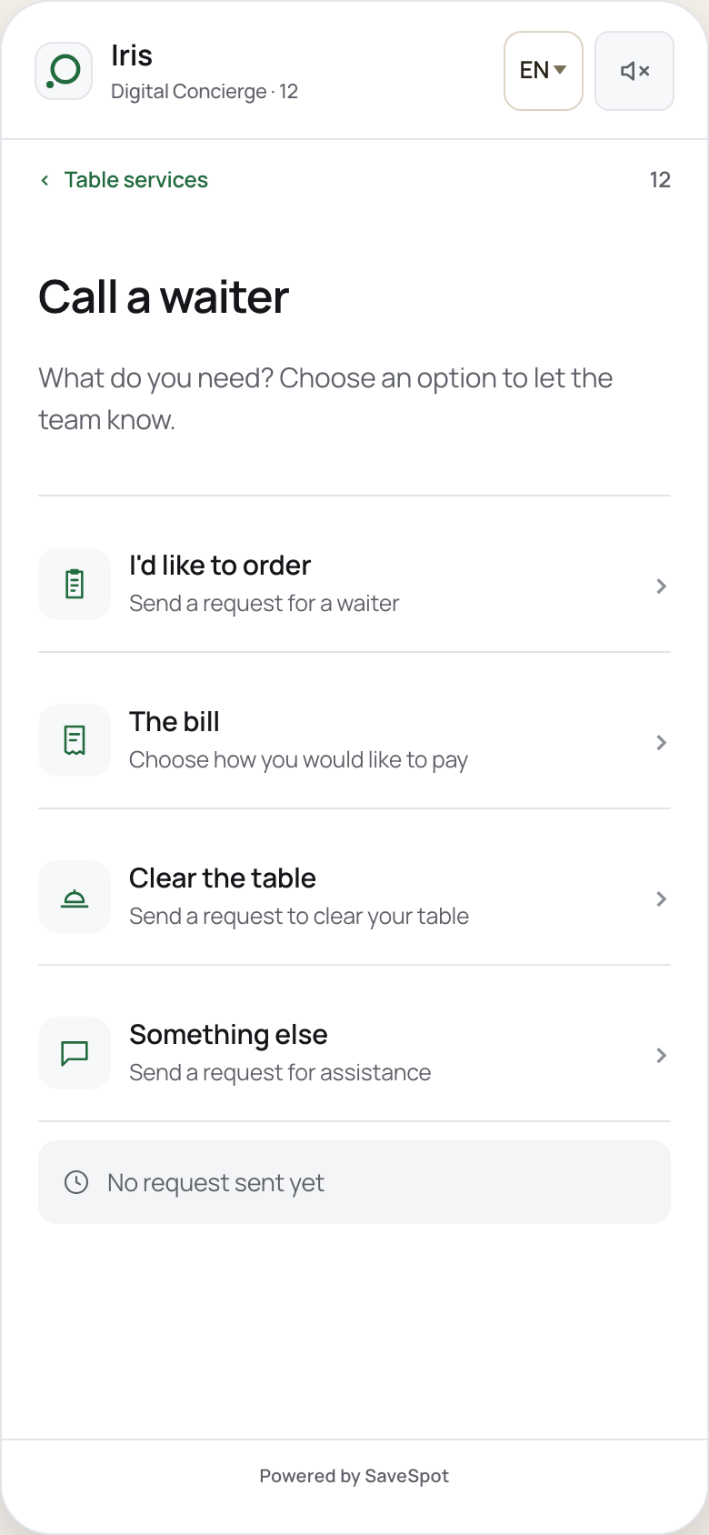 Actual Iris call-a-waiter screen with ordering, bill, table-clearing and assistance requests.