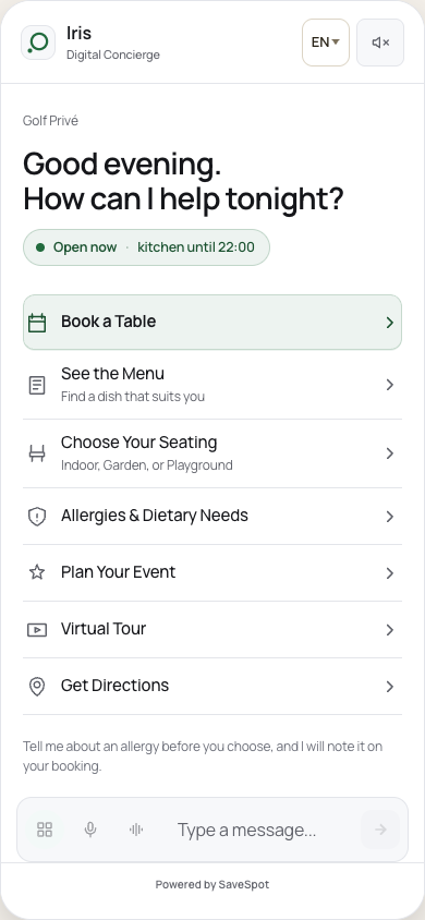 Iris welcome at Golf Privé, with booking, menu and seating actions.