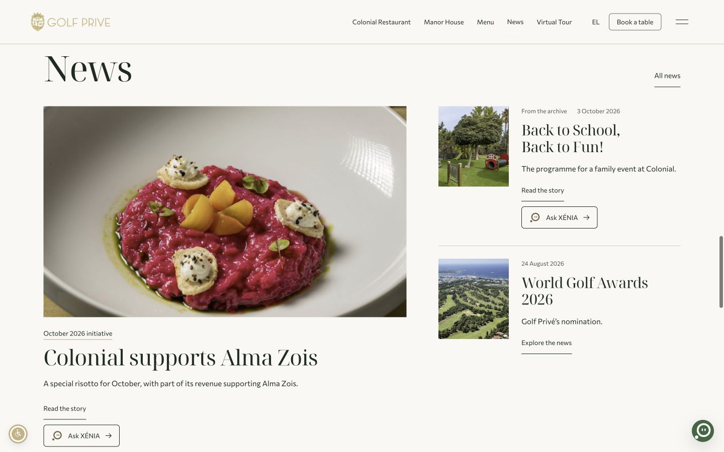 Live homepage news section with current smaller Ask XÉNIA buttons and spacing, captured 16 October 2026
