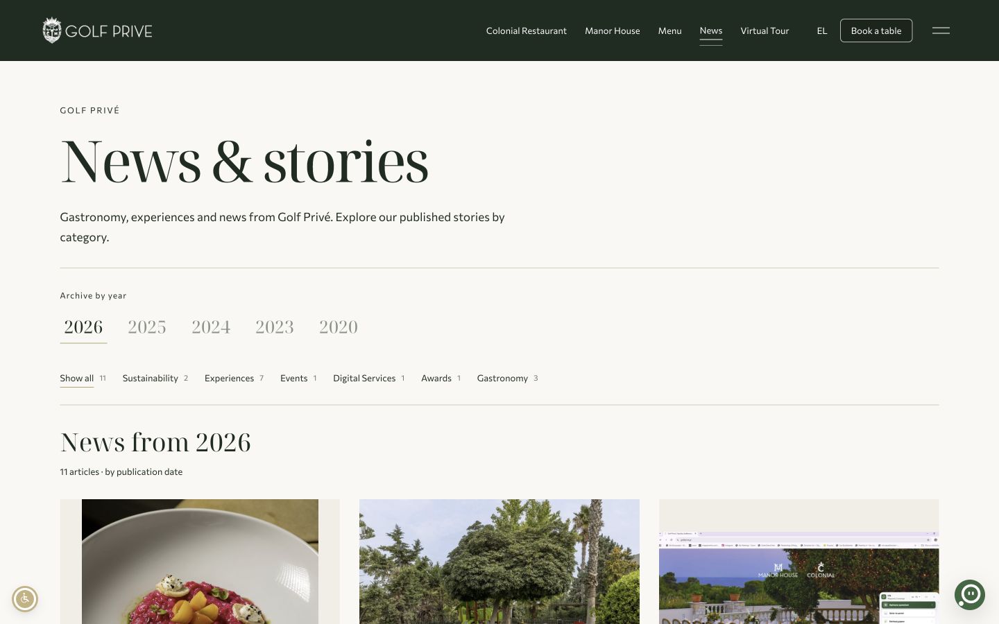 Live Golf news archive with year and category filters, captured 16 October 2026