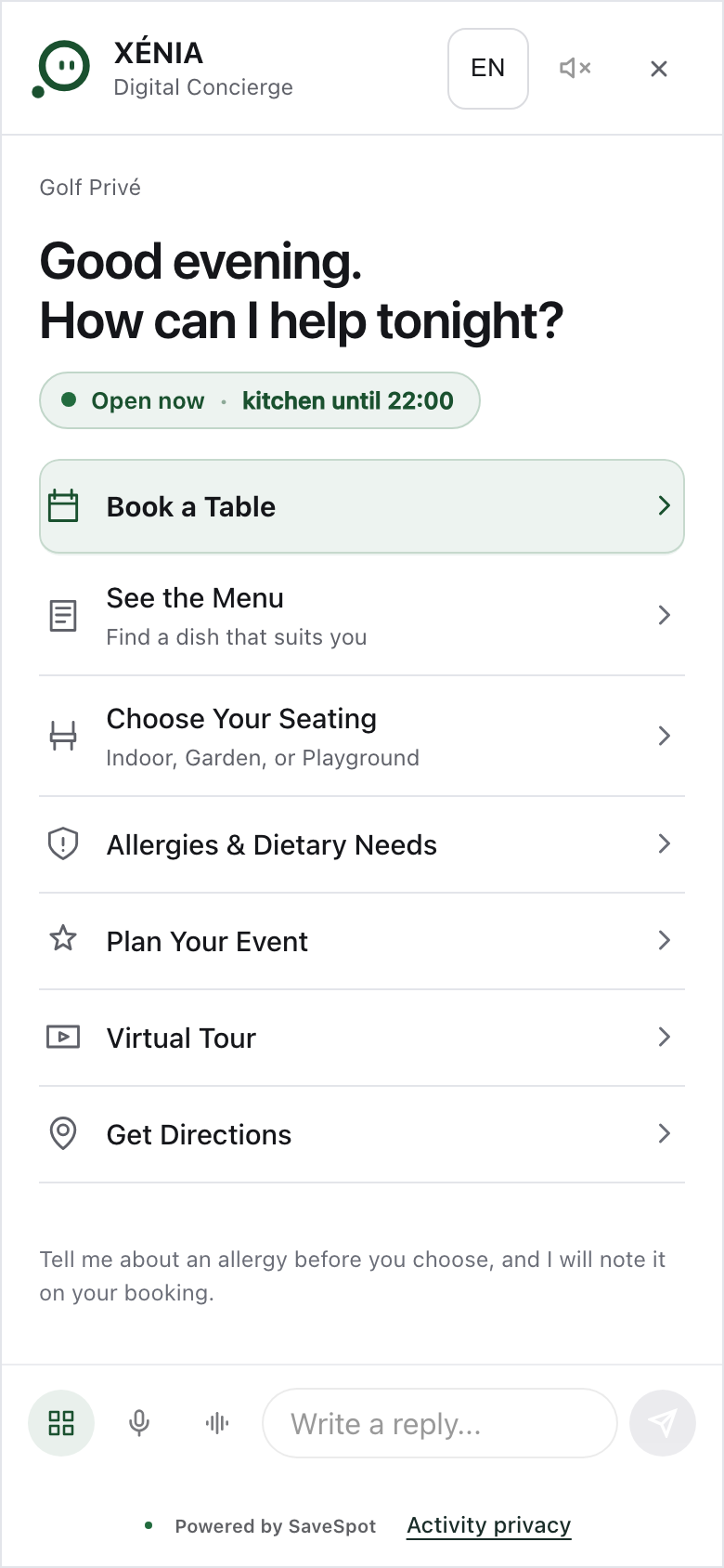 XÉNIA welcome at Golf Privé, with booking, menu and seating actions.